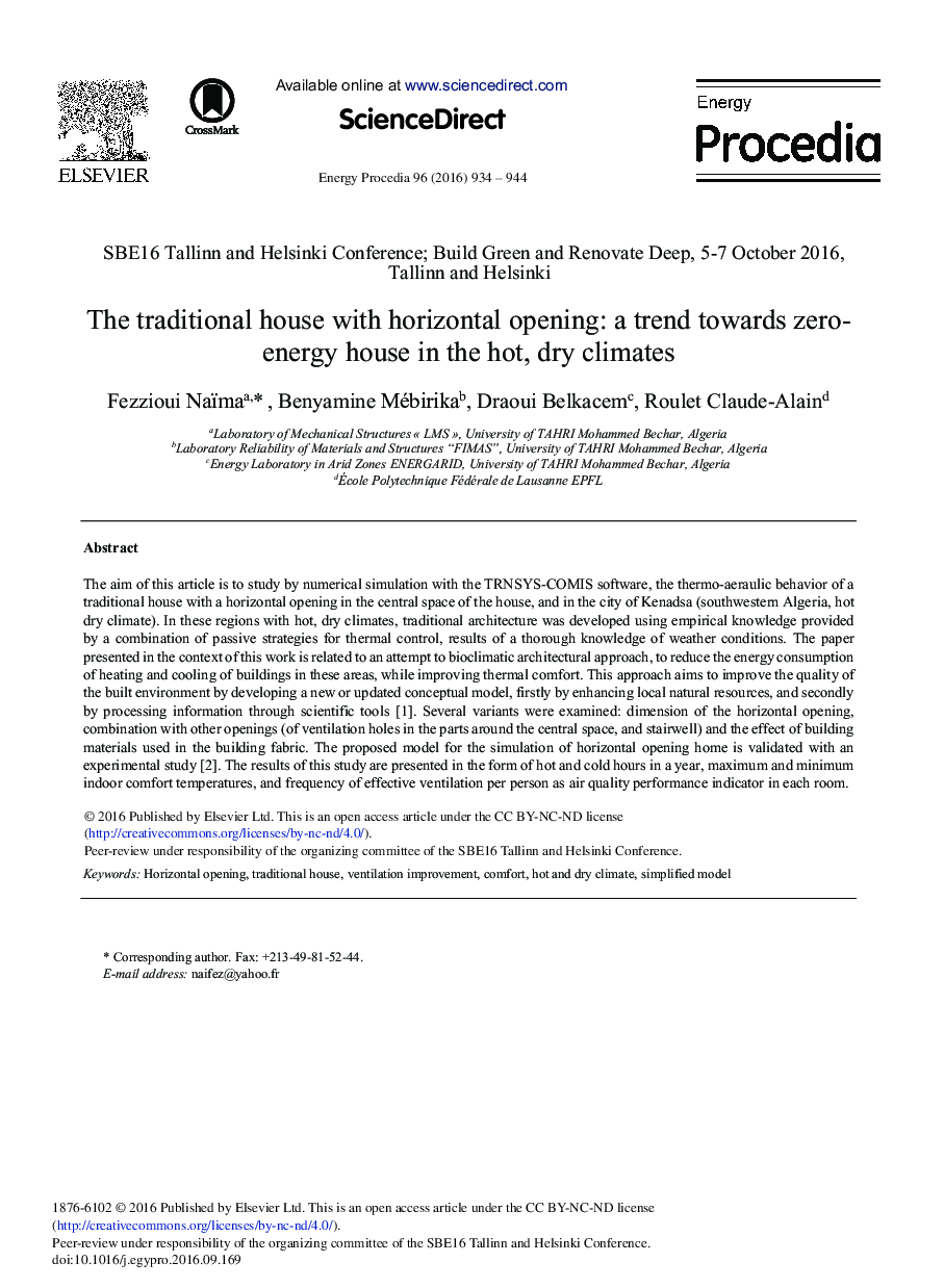 The Traditional House with Horizontal Opening: A Trend towards Zero-energy House in the Hot, Dry Climates