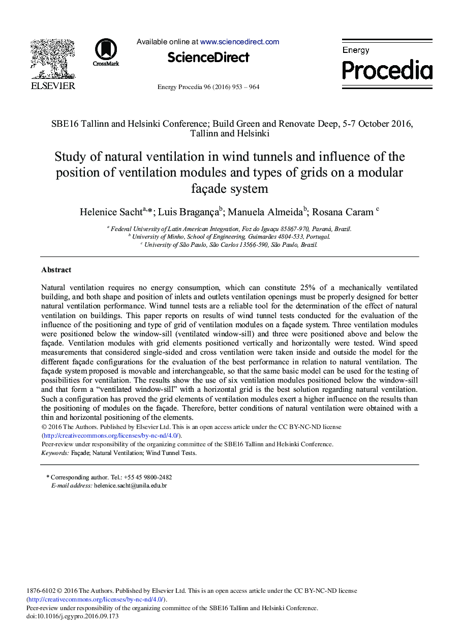 Study of Natural Ventilation in wind Tunnels and Influence of the Position of Ventilation Modules and Types of Grids on a Modular Façade System