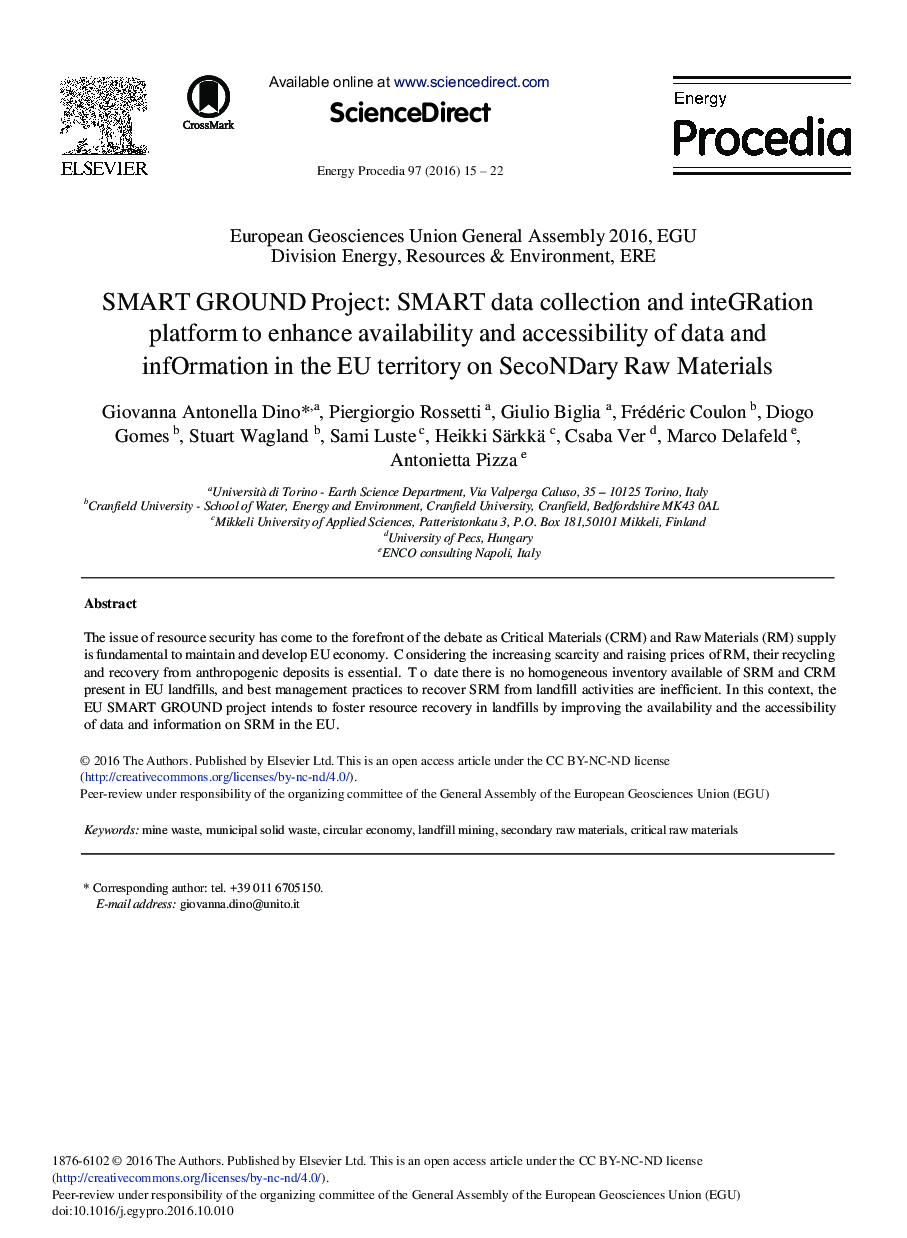 SMART GROUND Project: SMART Data Collection and Integration Platform to Enhance Availability and Accessibility of Data and Information in the EU Territory on Secondary Raw Materials