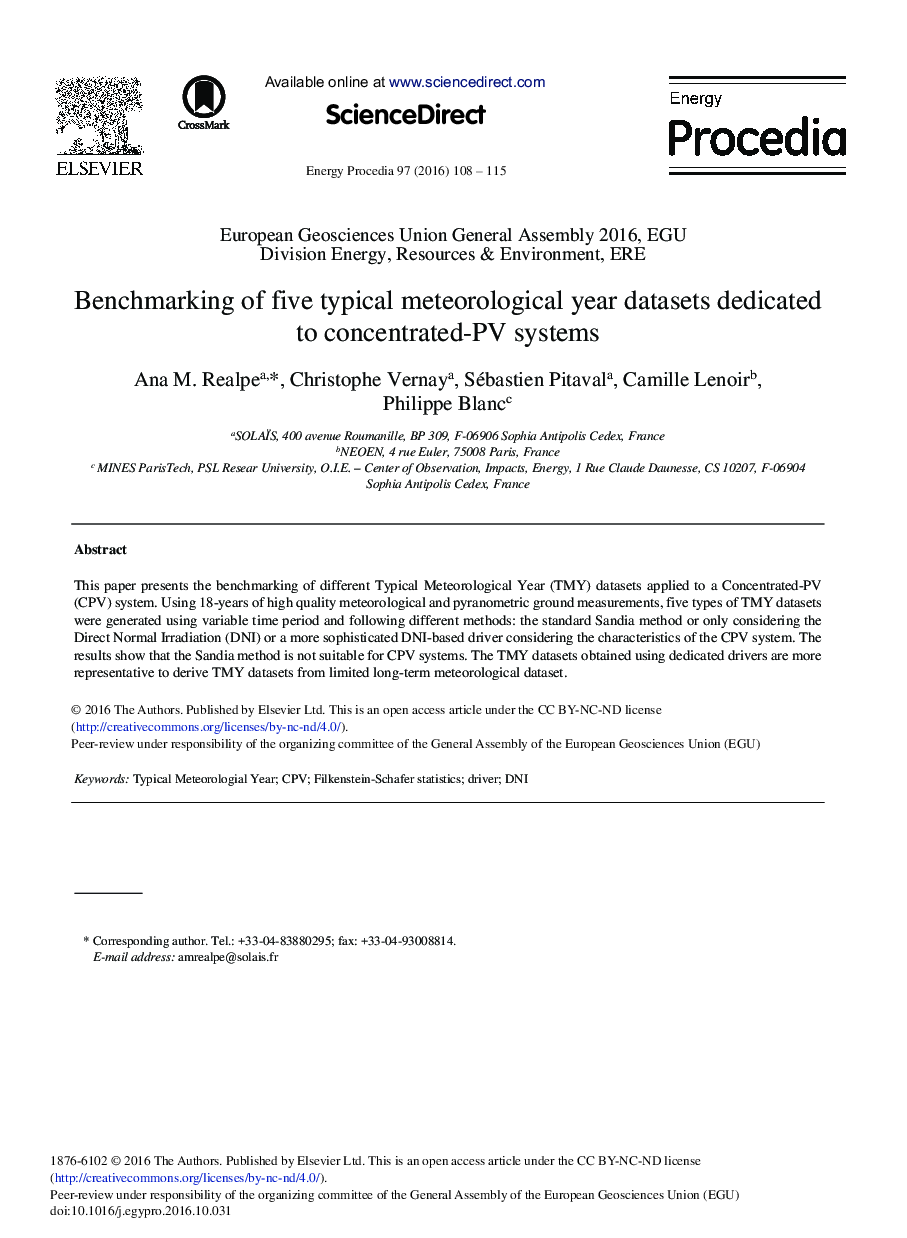 Benchmarking of Five Typical Meteorological Year Datasets Dedicated to Concentrated-PV Systems