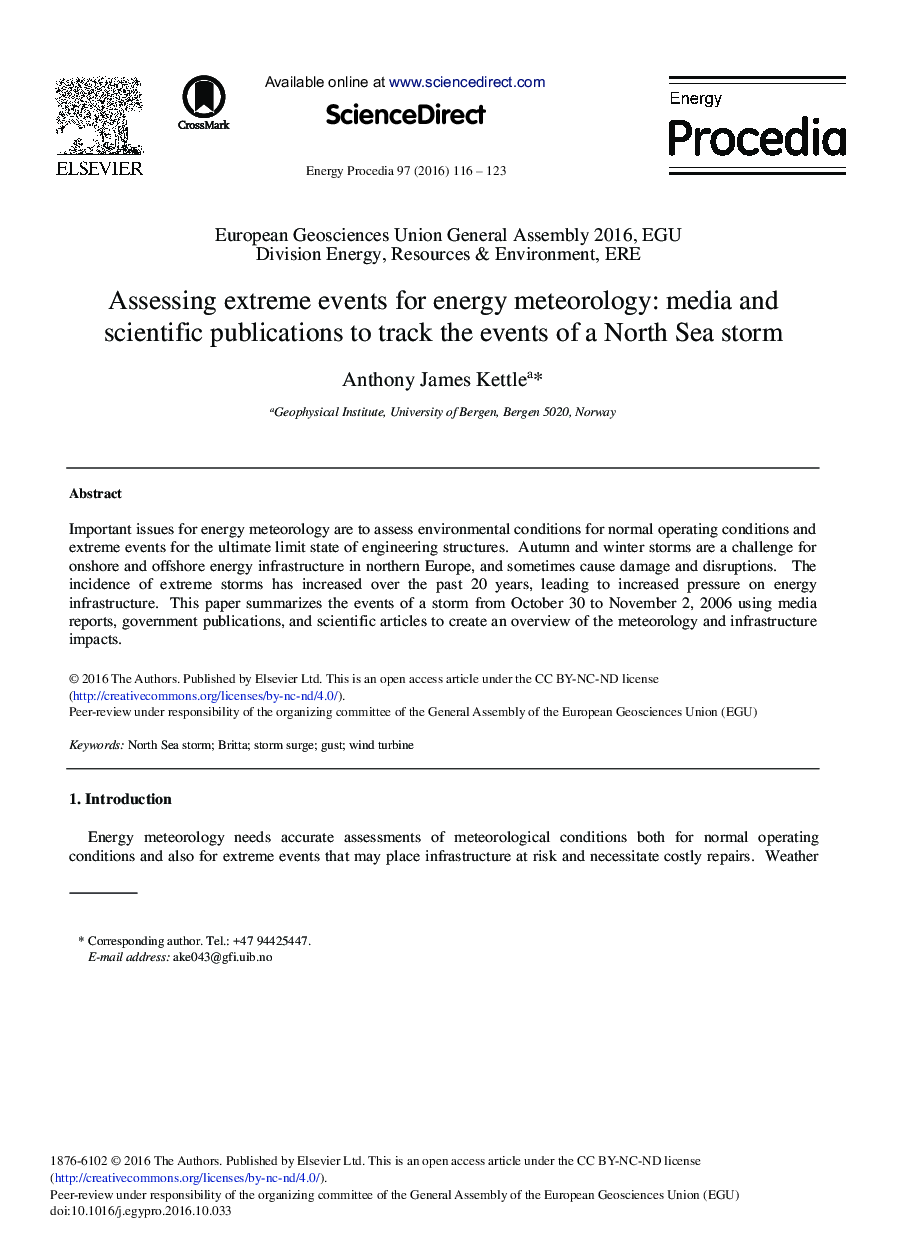 Assessing Extreme Events for Energy Meteorology: Media and Scientific Publications to Track the Events of a North Sea Storm