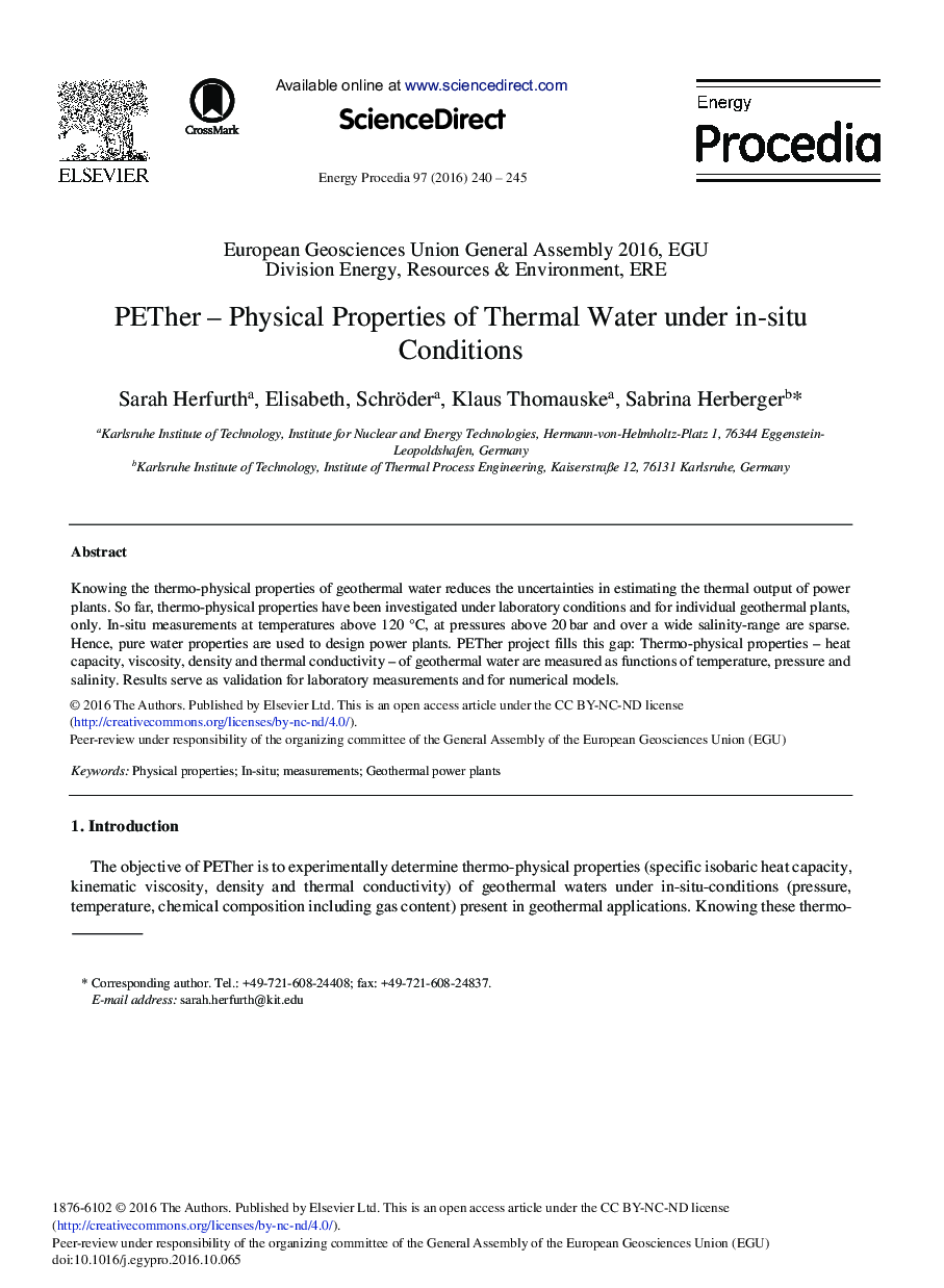 PETher - Physical Properties of Thermal Water under in-situ Conditions