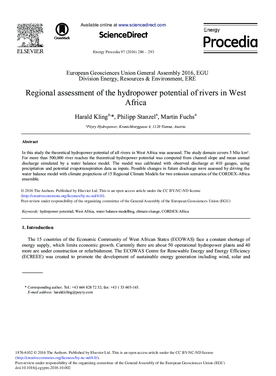 Regional Assessment of the Hydropower Potential of Rivers in West Africa