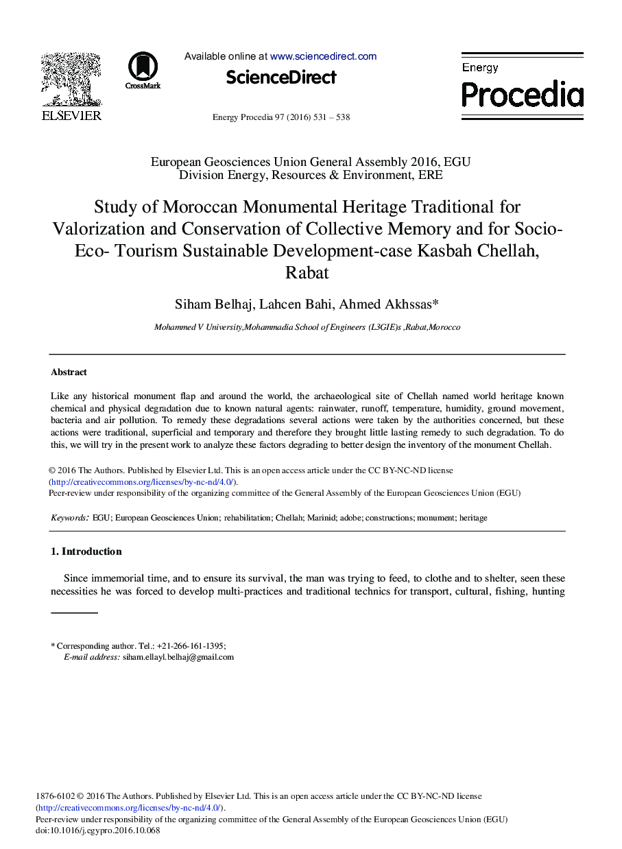 Study of Moroccan Monumental Heritage Traditional for Valorization and Conservation of Collective Memory and for Socio-eco- Tourism Sustainable Development-case Kasbah Chellah, Rabat