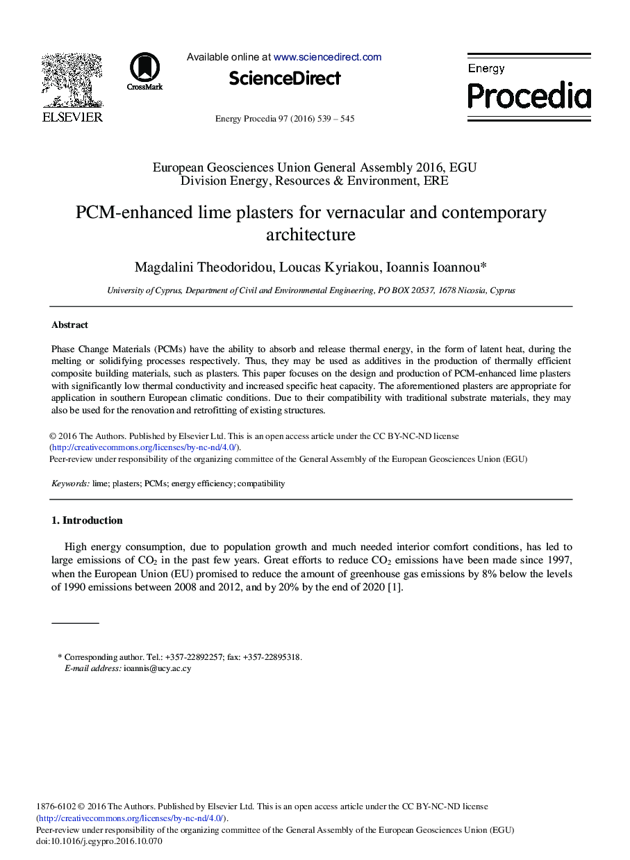 عکس صفحه اول مقاله: PCM-enhanced Lime Plasters for Vernacular and Contemporary Architecture PCM-enhanced Lime Plasters for Vernacular and Contemporary Architecture