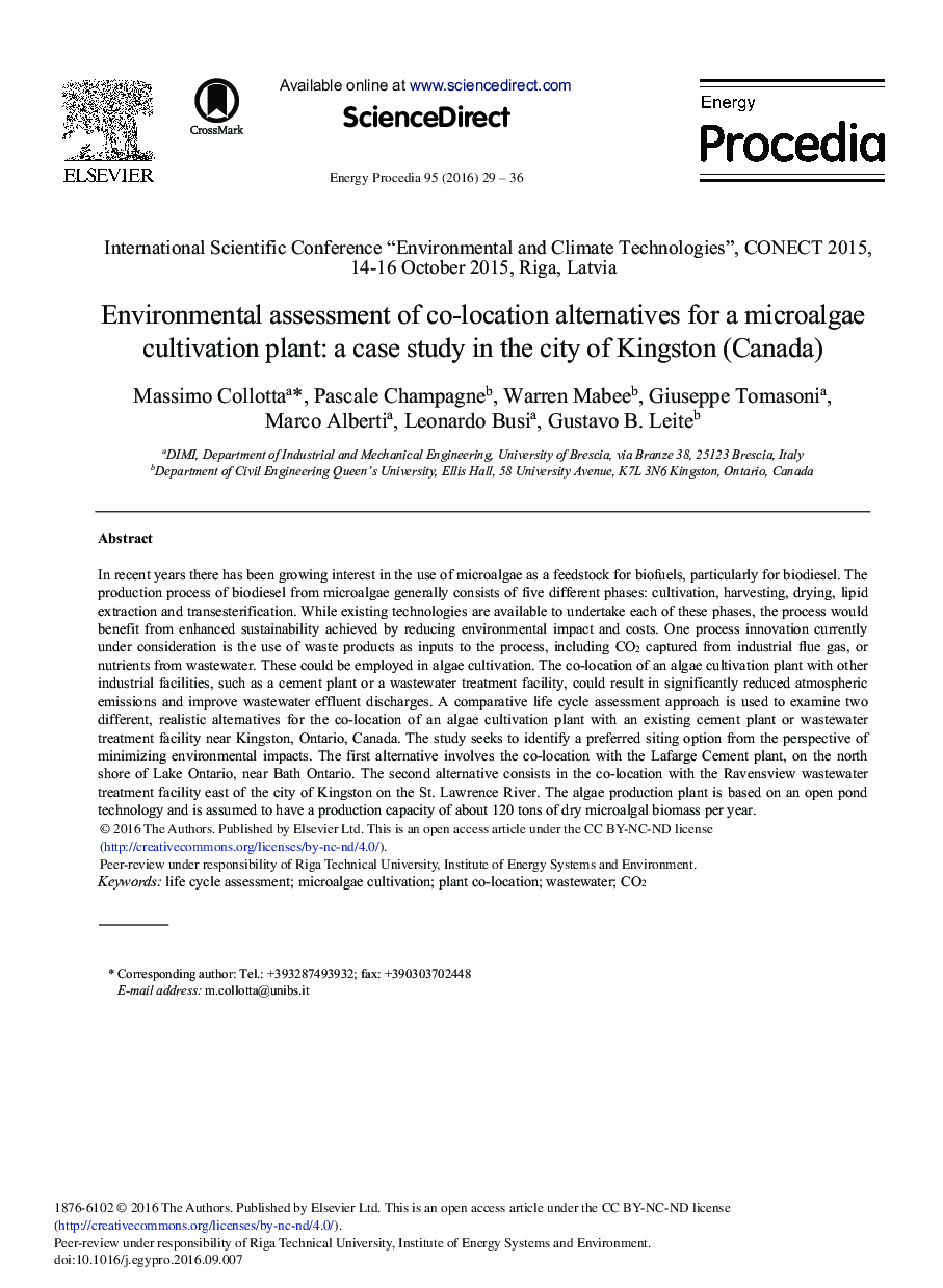 Environmental Assessment of Co-location Alternatives for a Microalgae Cultivation Plant: A Case Study in the City of Kingston (Canada)