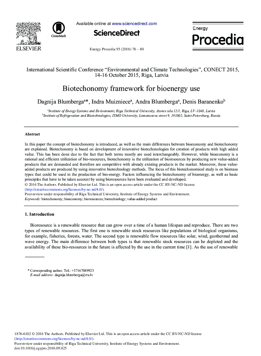 عکس صفحه اول مقاله: Biotechonomy Framework for Bioenergy Use Biotechonomy Framework for Bioenergy Use