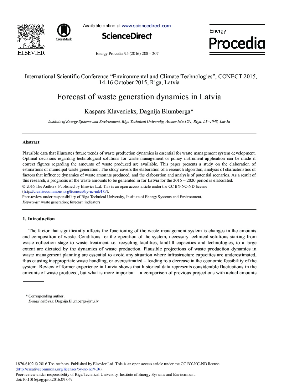 Forecast of Waste Generation Dynamics in Latvia