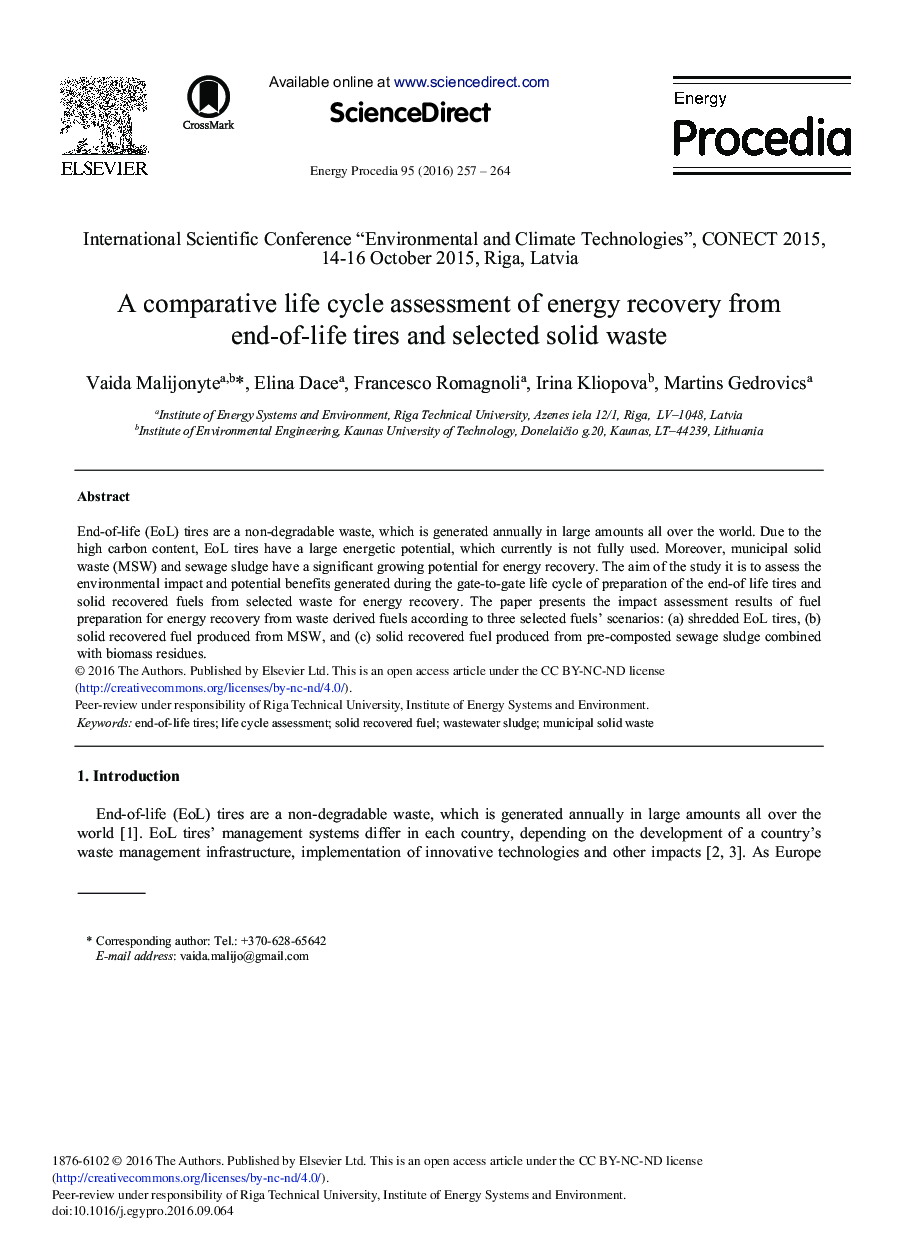 A Comparative Life Cycle Assessment of Energy Recovery from end-of-life Tires and Selected Solid Waste