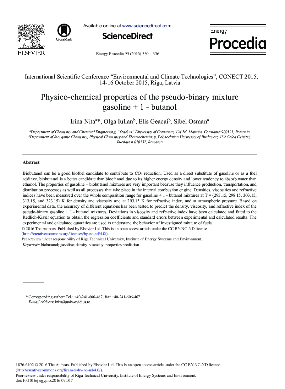 Physico-chemical Properties of the Pseudo-binary Mixture Gasoline + 1 - Butanol