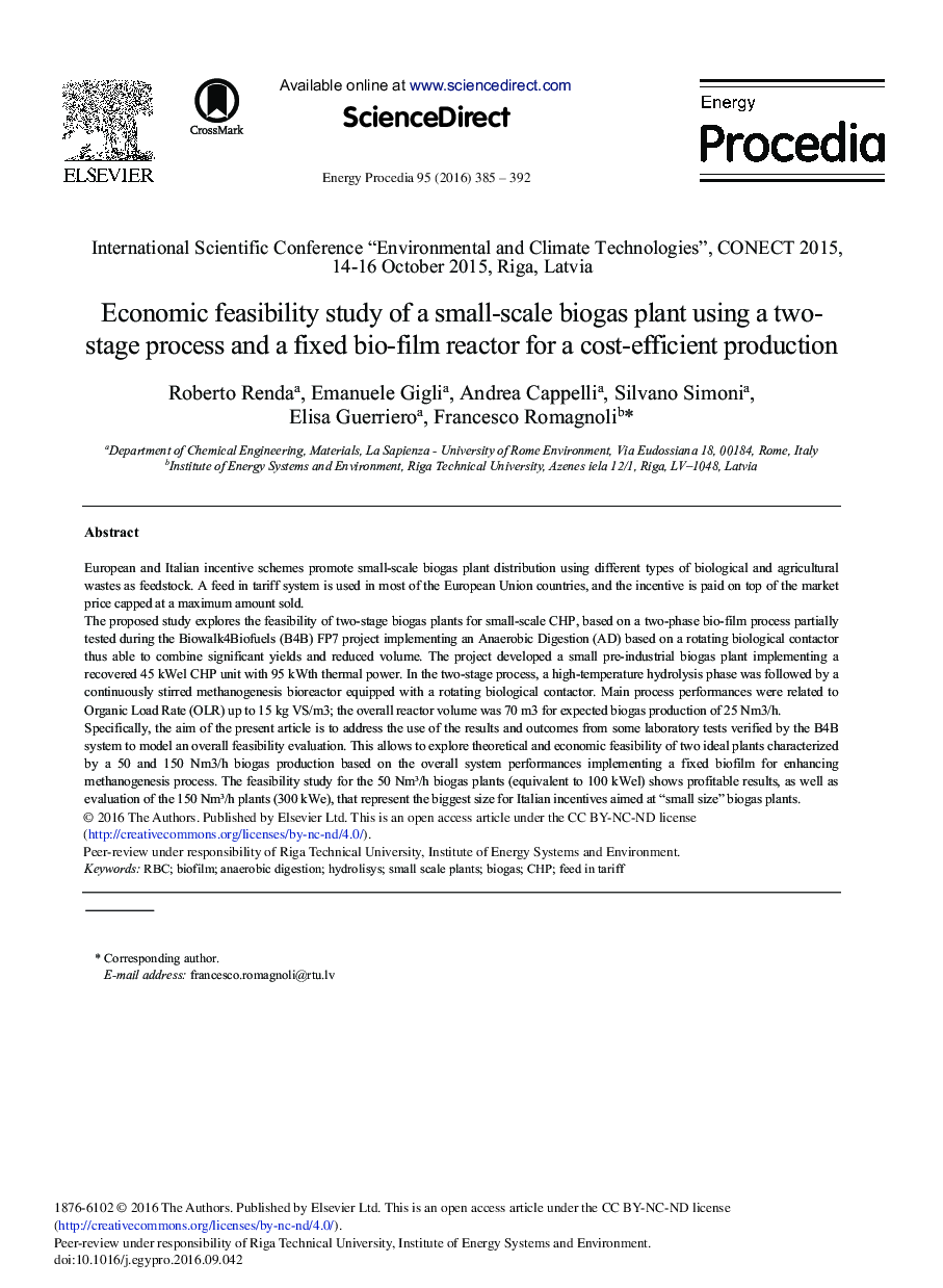 Economic Feasibility Study of a Small-scale Biogas Plant Using a Two-stage Process and a Fixed Bio-film Reactor for a Cost-efficient Production