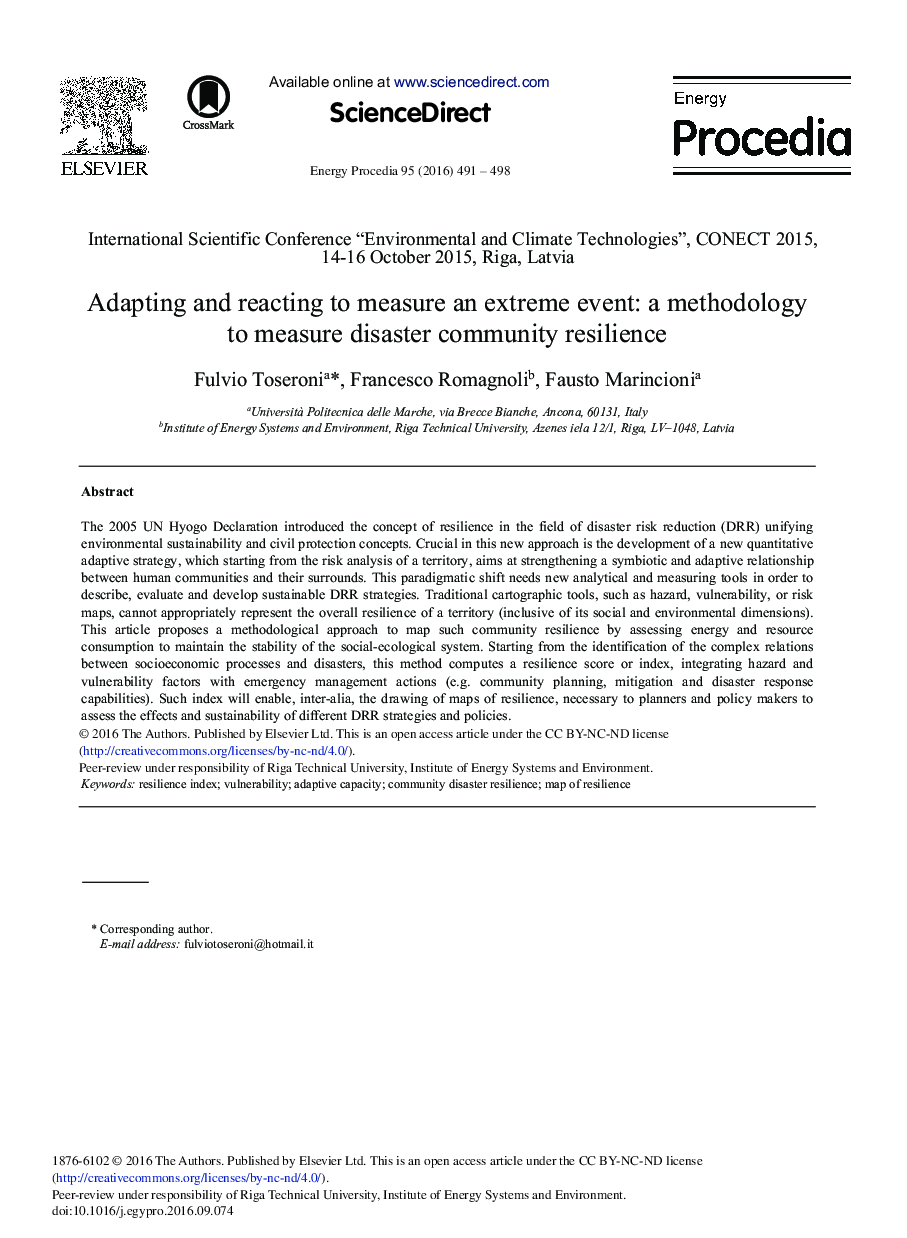 Adapting and Reacting to Measure an Extreme Event: A Methodology to Measure Disaster Community Resilience