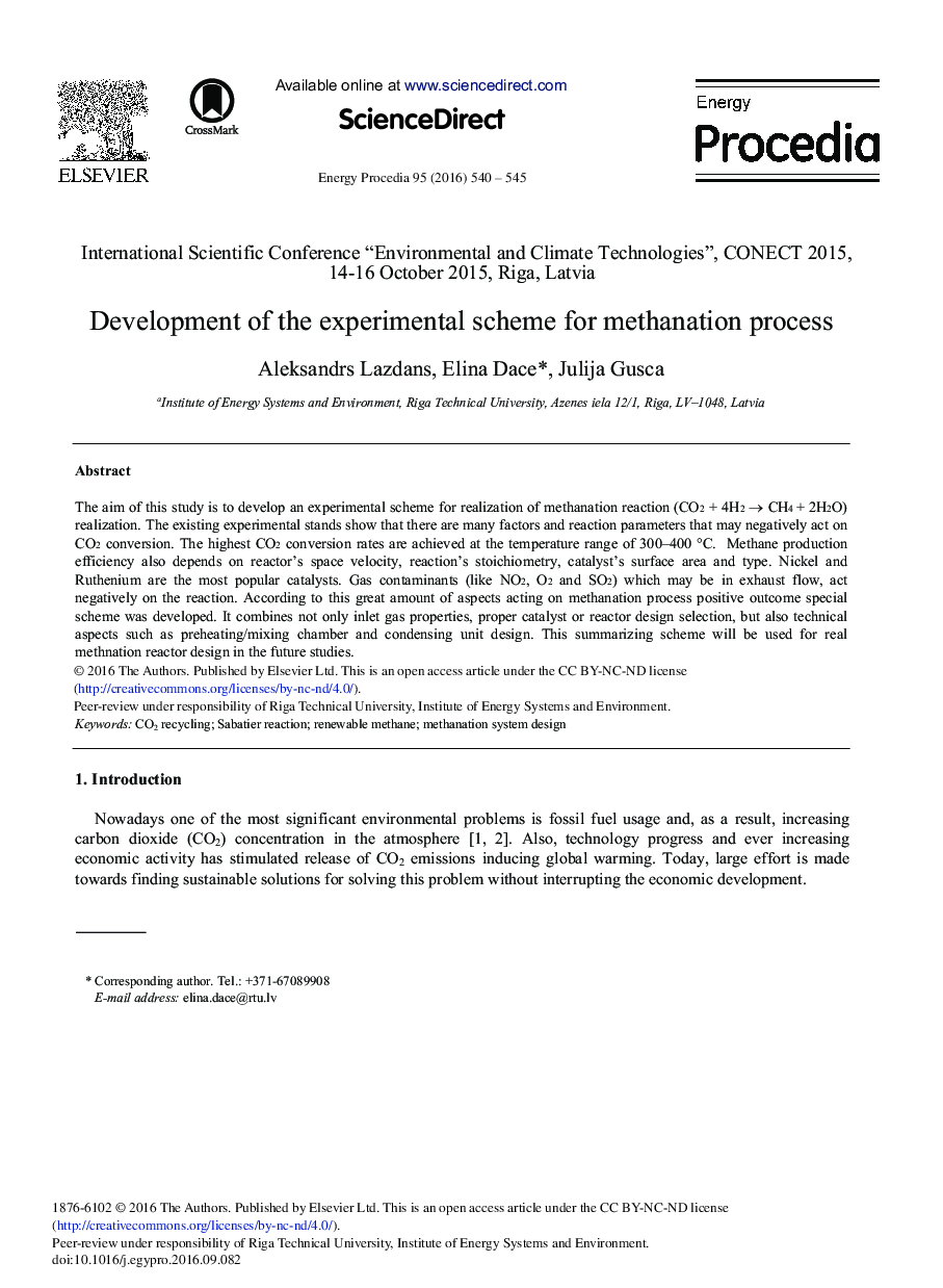 Development of the Experimental Scheme for Methanation Process