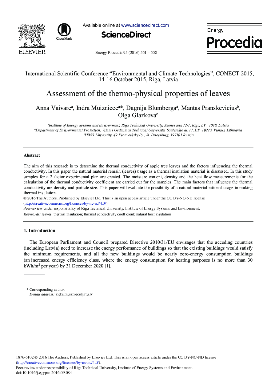 Assessment of the Thermo-physical Properties of Leaves