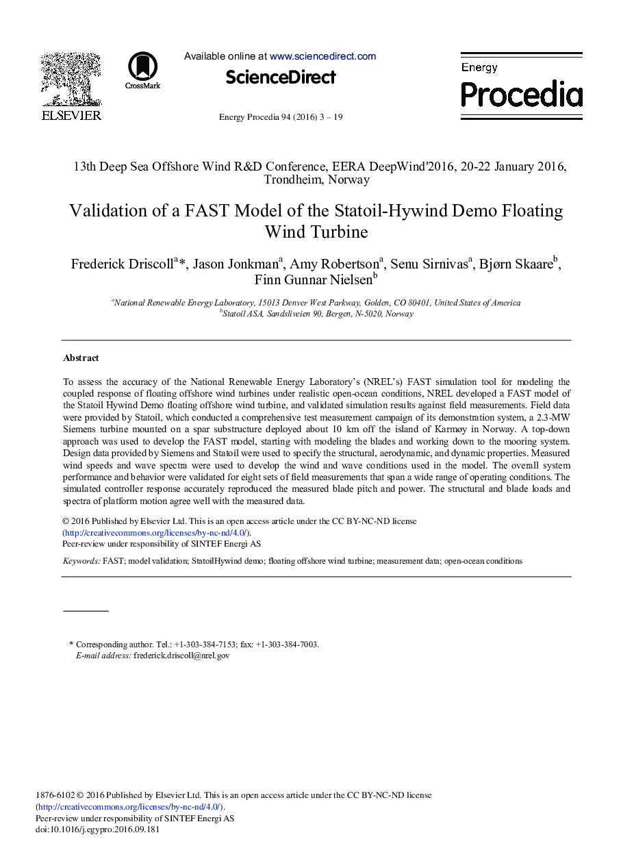 Validation of a FAST Model of the Statoil-hywind Demo Floating Wind Turbine