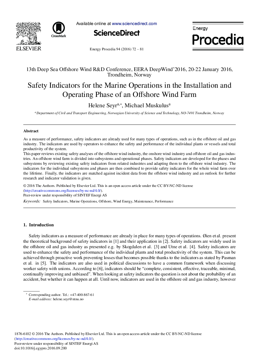 Safety Indicators for the Marine Operations in the Installation and Operating Phase of an Offshore Wind Farm