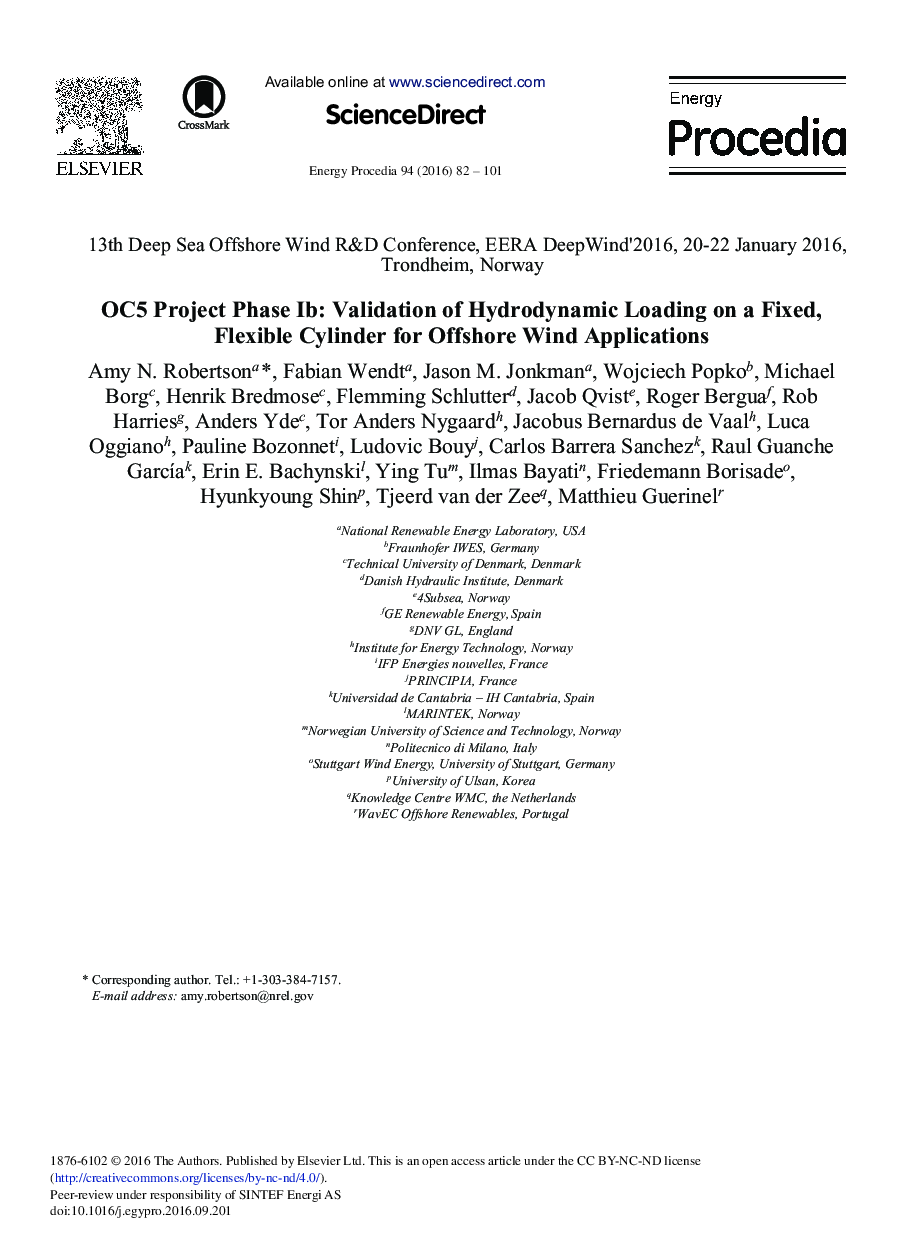 OC5 Project Phase Ib: Validation of Hydrodynamic Loading on a Fixed, Flexible Cylinder for Offshore Wind Applications