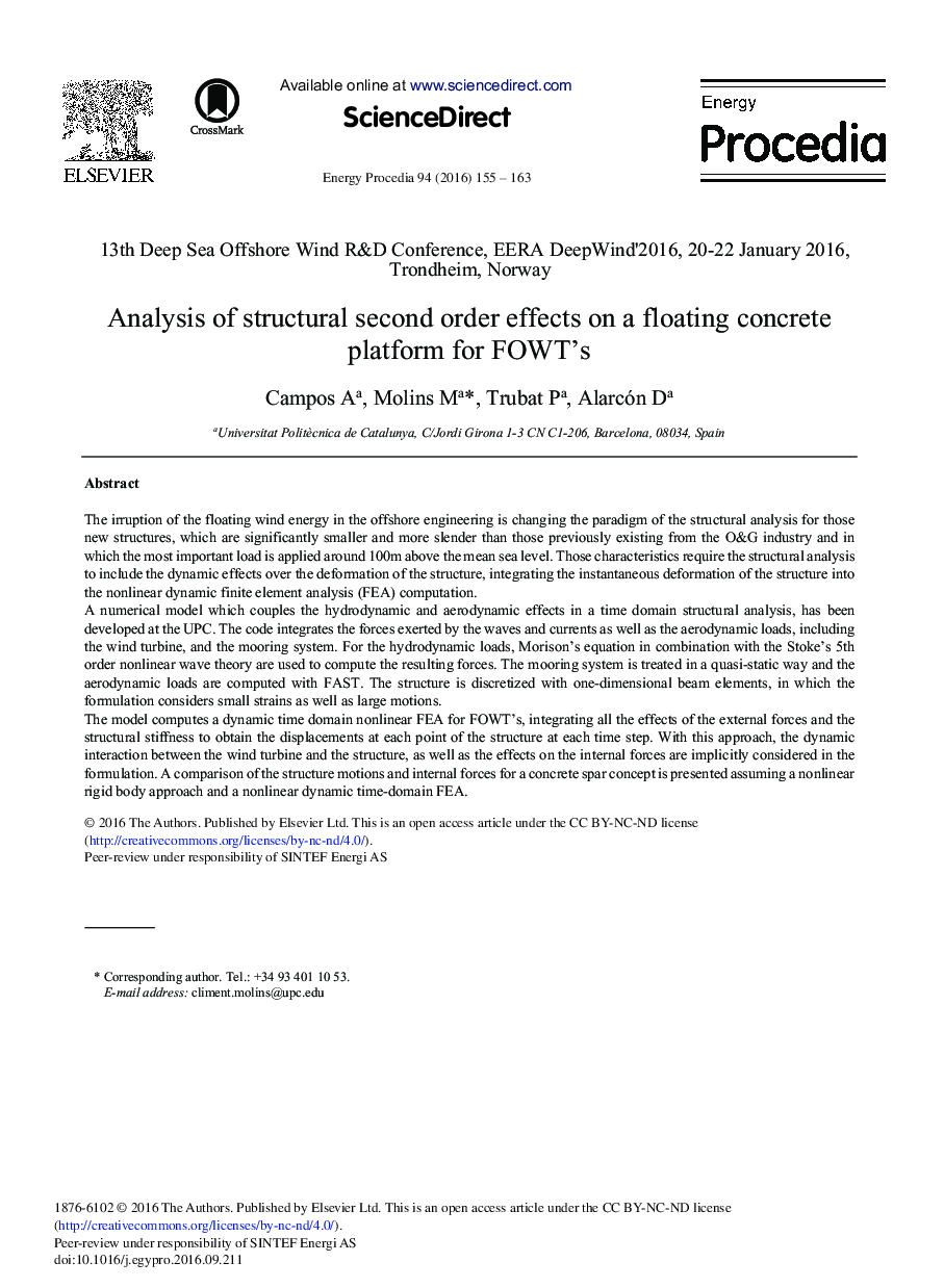 Analysis of Structural Second Order Effects on a Floating Concrete Platform for FOWT's