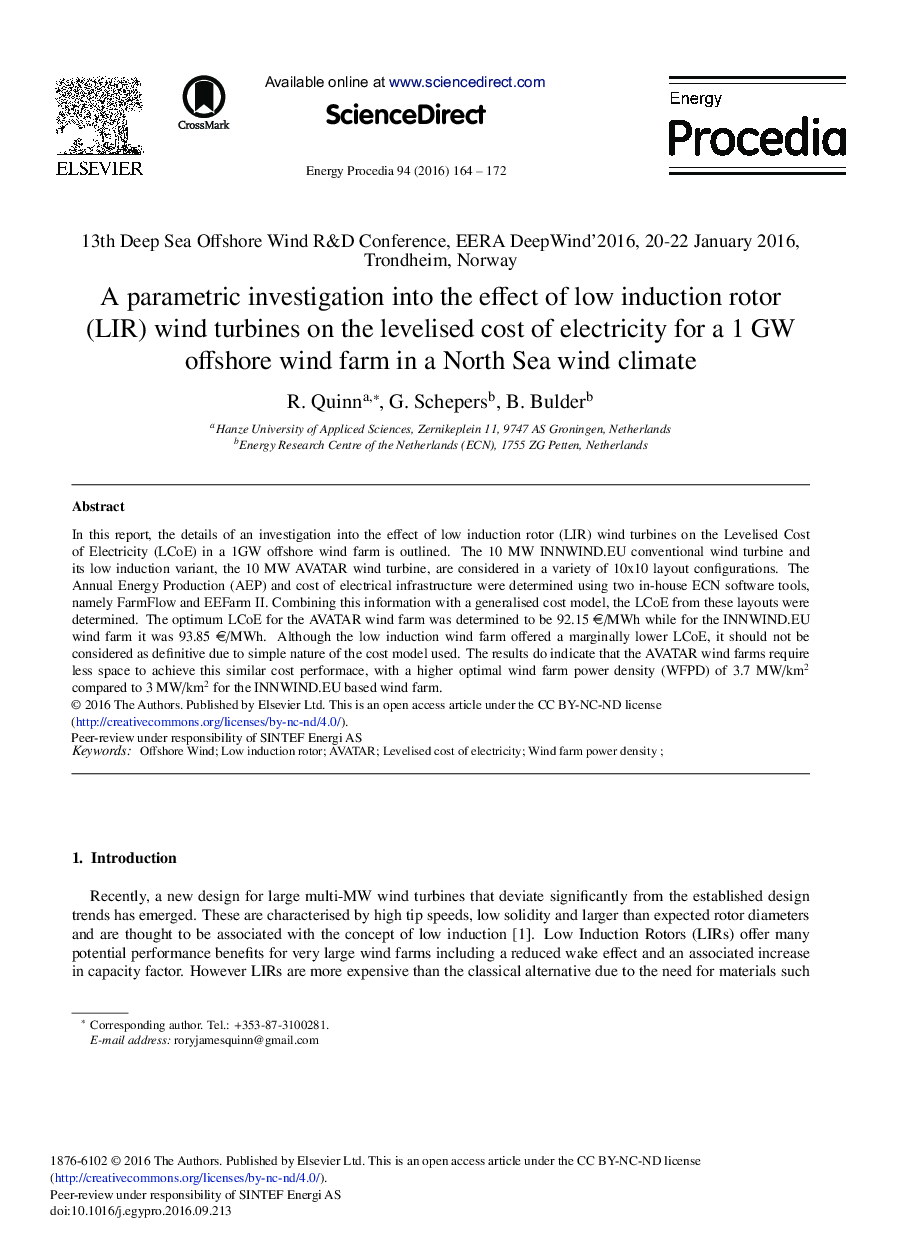 A Parametric Investigation Into the Effect of Low Induction Rotor (LIR) Wind Turbines on the Levelised Cost of Electricity for a 1 GW Offshore Wind Farm in a North Sea Wind Climate