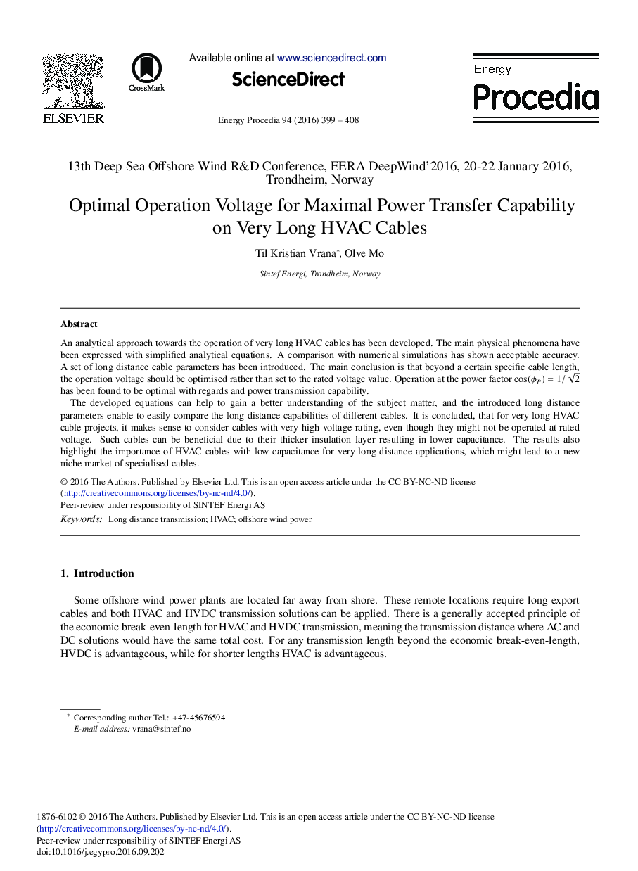 Optimal Operation Voltage for Maximal Power Transfer Capability on Very Long HVAC Cables