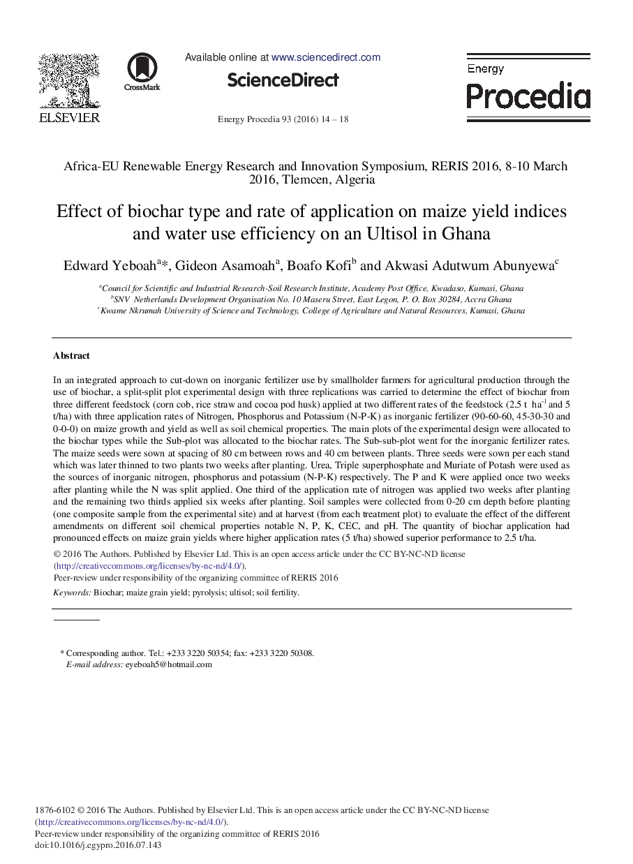 Effect of Biochar Type and Rate of Application on Maize Yield Indices and Water Use Efficiency on an Ultisol in Ghana