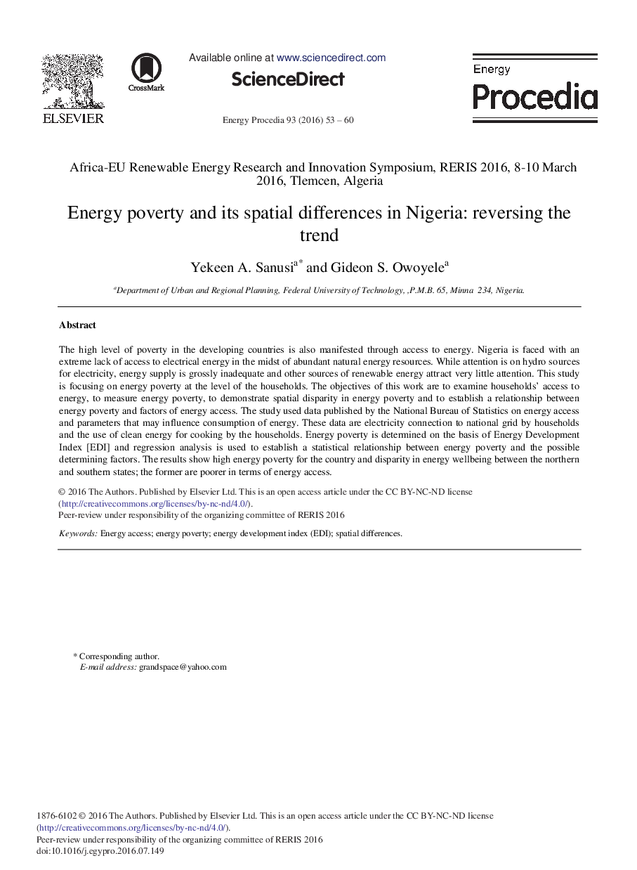 Energy Poverty and its Spatial Differences in Nigeria: Reversing the Trend