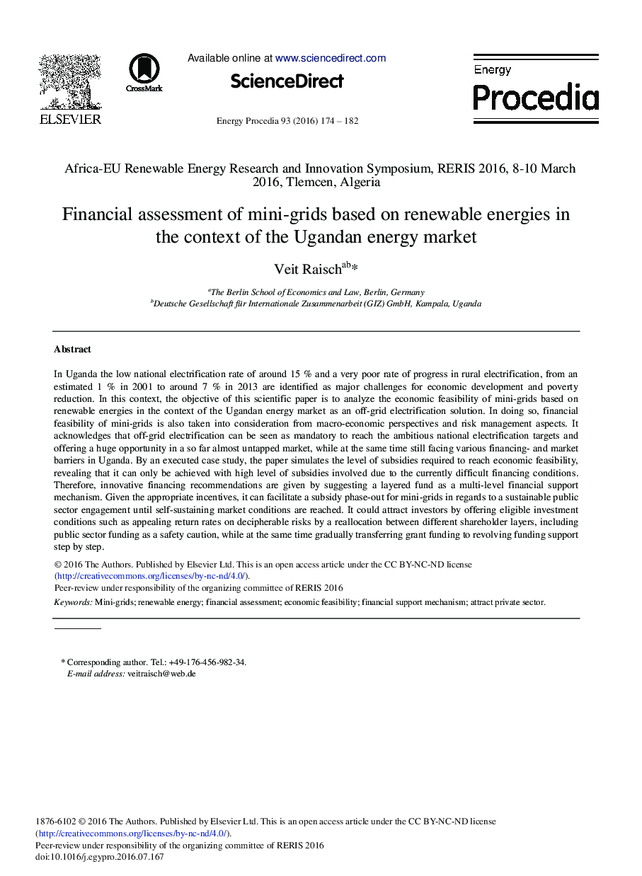 Financial Assessment of Mini-grids Based on Renewable Energies in the Context of the Ugandan Energy Market