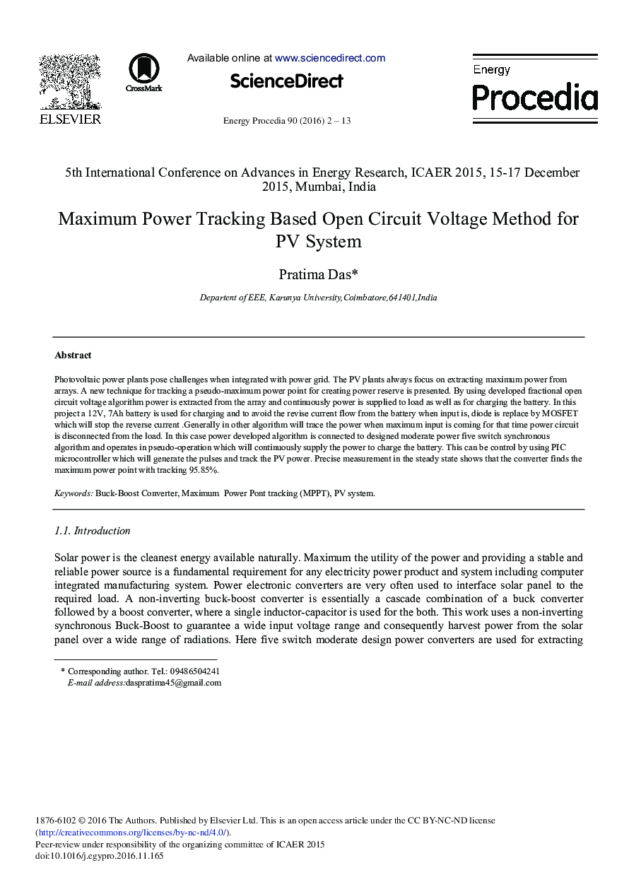 Maximum Power Tracking Based Open Circuit Voltage Method for PV System