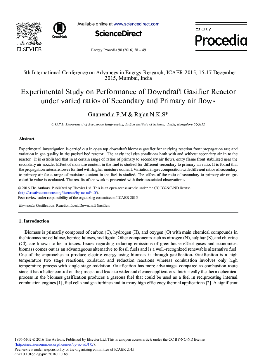 Experimental Study on Performance of Downdraft Gasifier Reactor under Varied Ratios of Secondary and Primary Air Flows