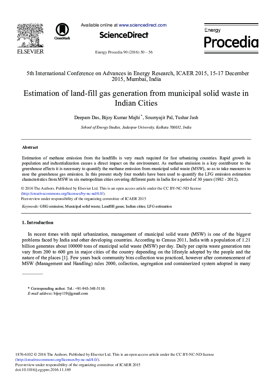 Estimation of Land-fill Gas Generation from Municipal Solid Waste in Indian Cities
