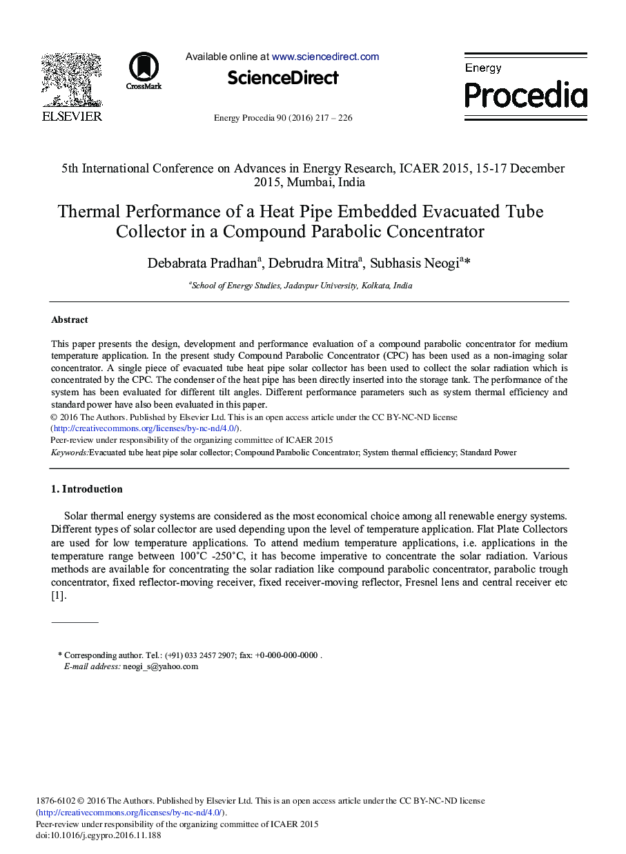 Thermal Performance of a Heat Pipe Embedded Evacuated Tube Collector in a Compound Parabolic Concentrator