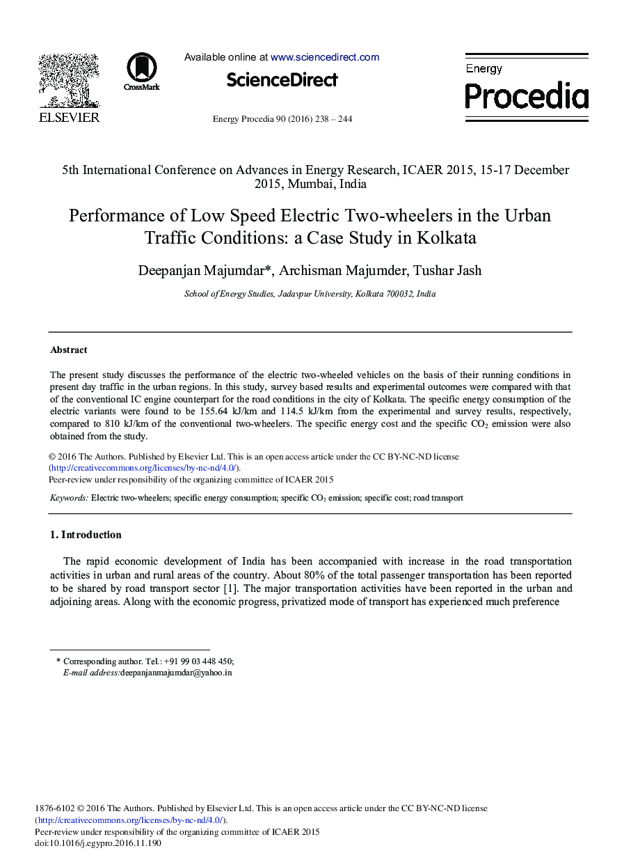 عملکرد دوچرخهای الکتریکی کم سرعت در شرایط ترافیک شهری: مطالعه موردی در کلکته 