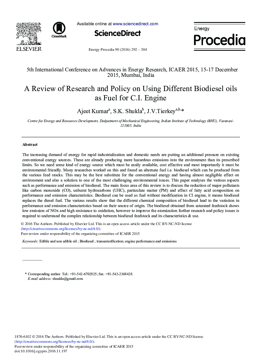 A Review of Research and Policy on Using Different Biodiesel Oils as Fuel for C.I. Engine