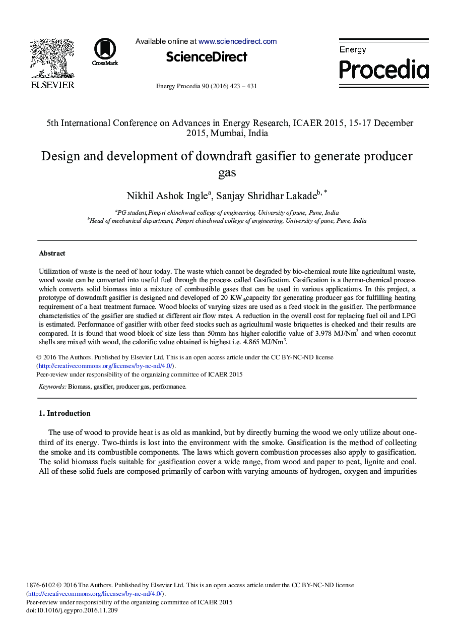 Design and Development of Downdraft Gasifier to Generate Producer Gas