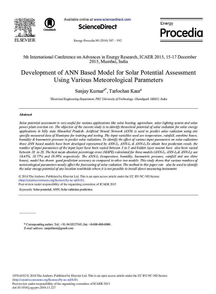 Development of ANN Based Model for Solar Potential Assessment Using Various Meteorological Parameters