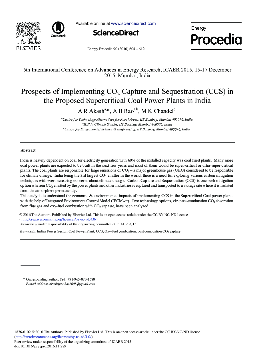 Prospects of Implementing CO2 Capture and Sequestration (CCS) in the Proposed Supercritical Coal Power Plants in India