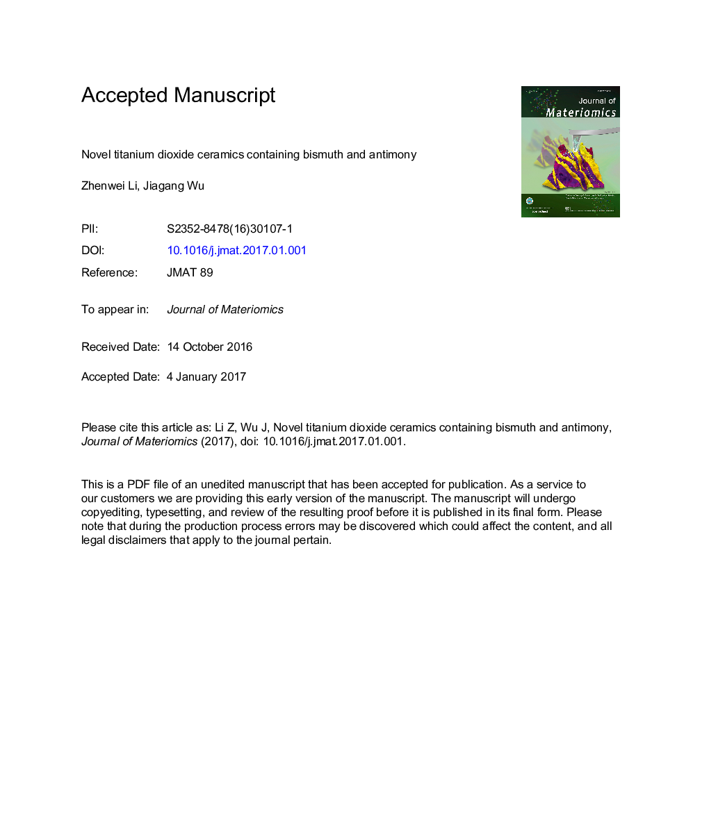 Novel titanium dioxide ceramics containing bismuth and antimony