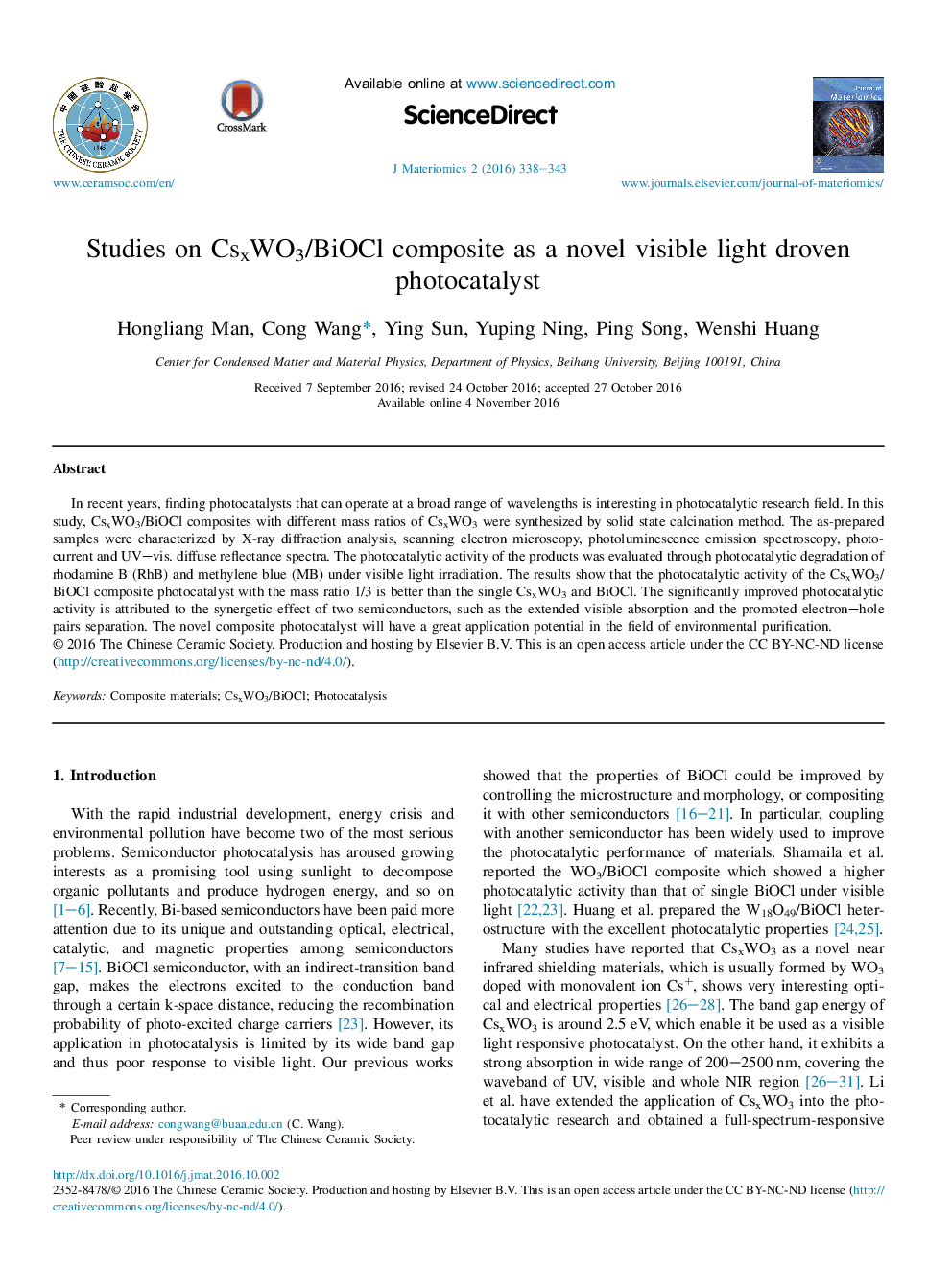 Studies on CsxWO3/BiOCl composite as a novel visible light droven photocatalyst