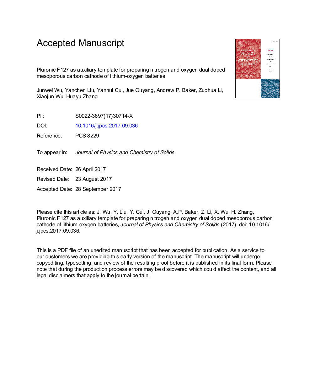 Pluronic F127 as auxiliary template for preparing nitrogen and oxygen dual doped mesoporous carbon cathode of lithium-oxygen batteries