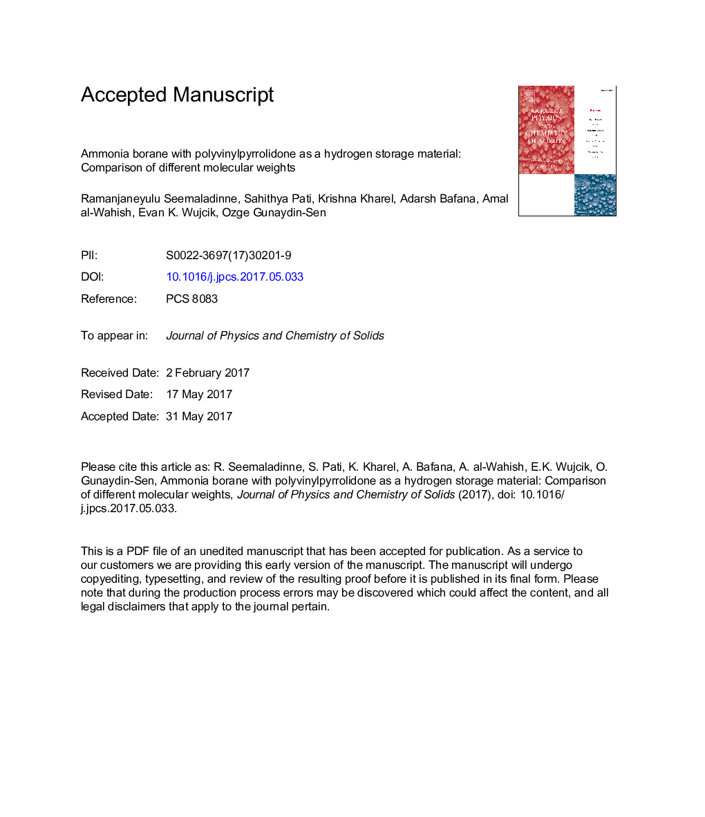 بورن آمونیاک با پلی وینیل پریرولیدون به عنوان ماده ذخیره سازی هیدروژن: مقایسه وزنهای مولکولی مختلف 