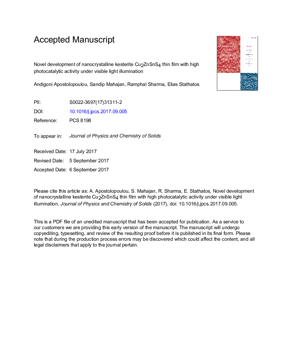 Novel development of nanocrystalline kesterite Cu2ZnSnS4 thin film with high photocatalytic activity under visible light illumination