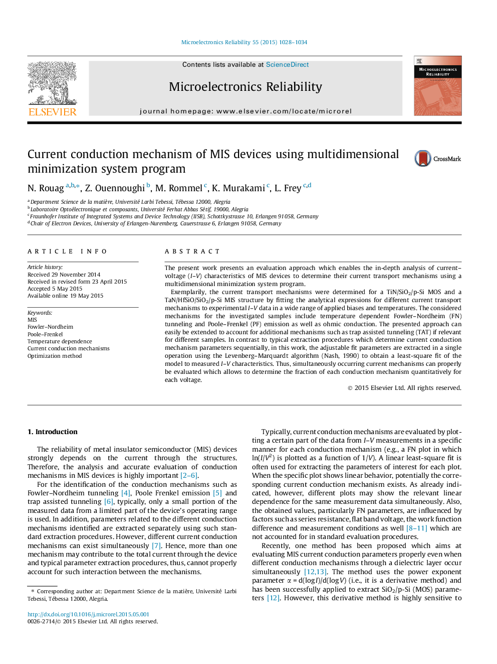 Current conduction mechanism of MIS devices using multidimensional minimization system program