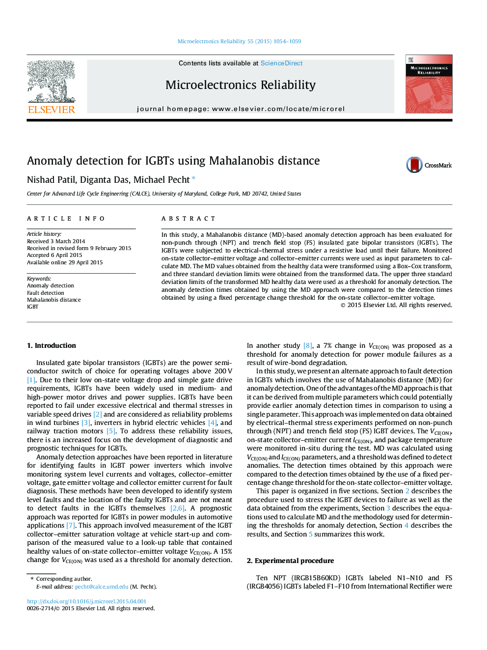 Anomaly detection for IGBTs using Mahalanobis distance