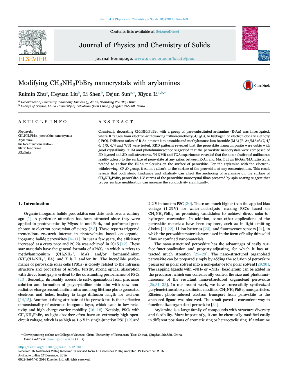 Modifying CH3NH3PbBr3 nanocrystals with arylamines