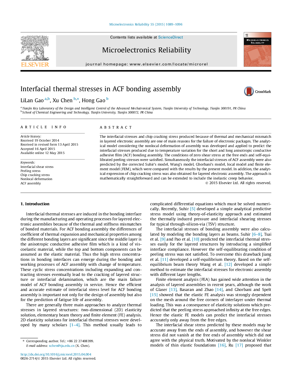 Interfacial thermal stresses in ACF bonding assembly