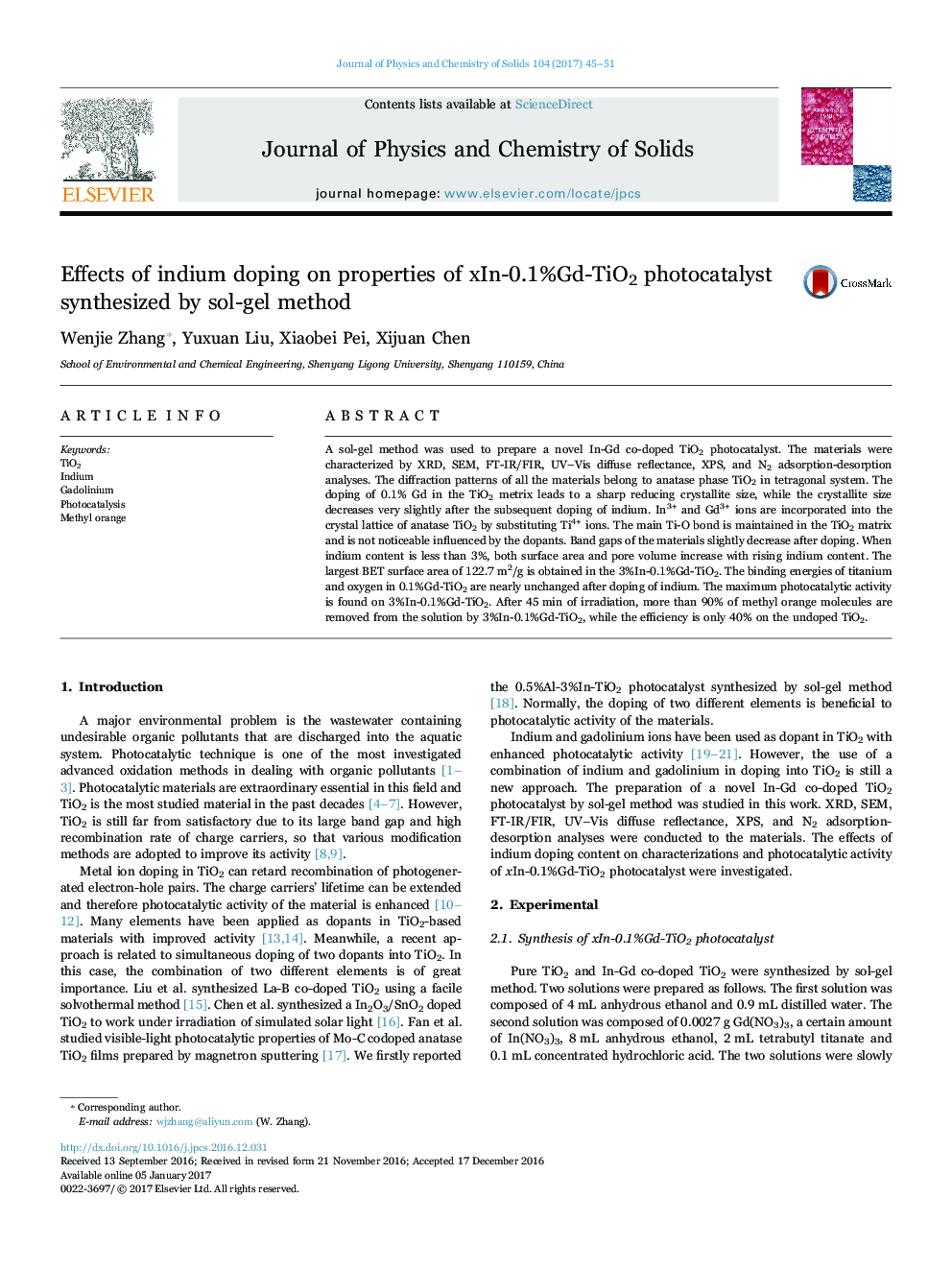 Effects of indium doping on properties of xIn-0.1%Gd-TiO2 photocatalyst synthesized by sol-gel method