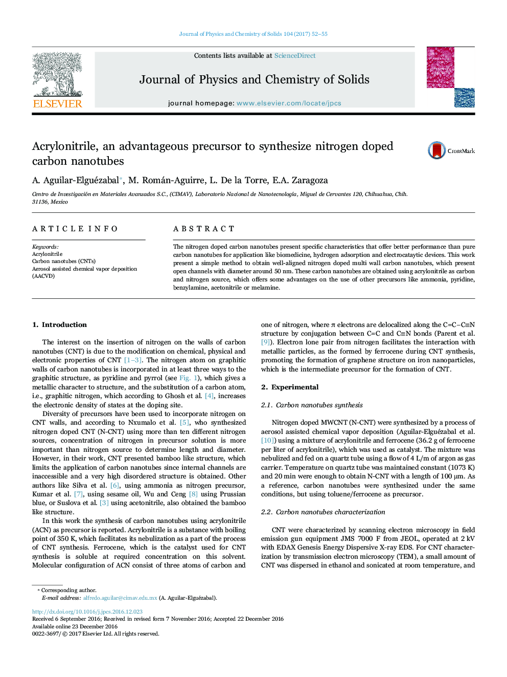 Acrylonitrile, an advantageous precursor to synthesize nitrogen doped carbon nanotubes