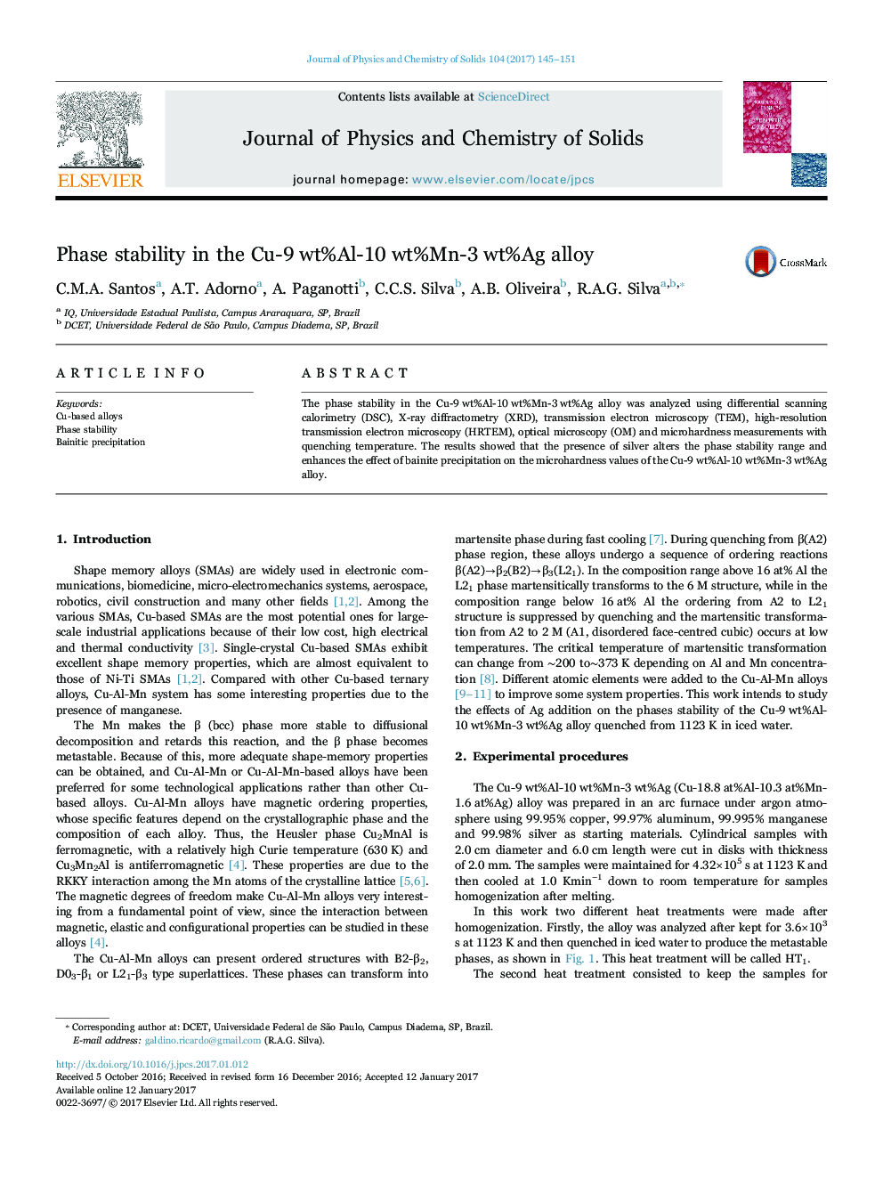 Phase stability in the Cu-9Â wt%Al-10Â wt%Mn-3Â wt%Ag alloy