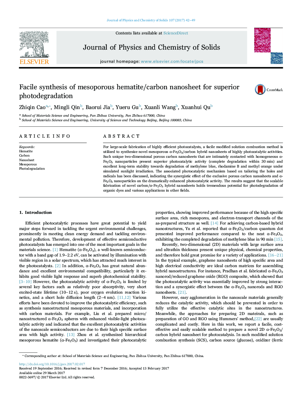 Facile synthesis of mesoporous hematite/carbon nanosheet for superior photodegradation