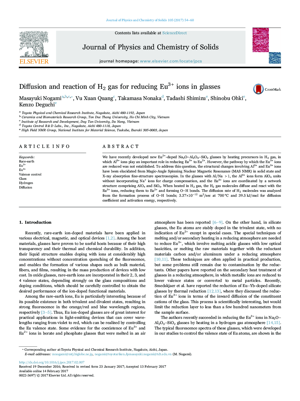 Diffusion and reaction of H2 gas for reducing Eu3+ ions in glasses